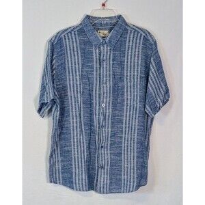 Weatherproof Vintage Linen Shirt Mens XL Blue Stripe Short Sleeve Button Front